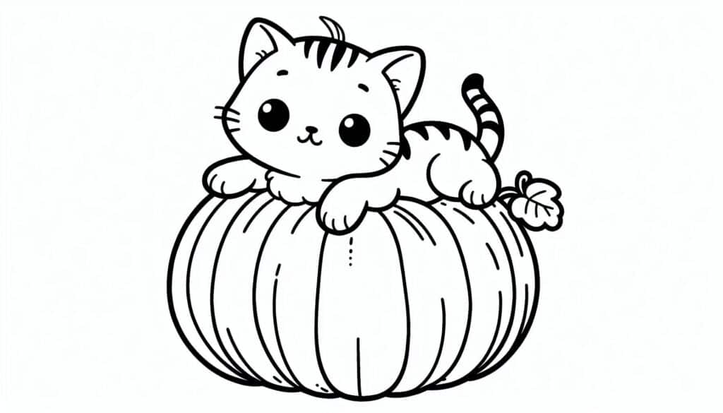A cat sitting on a pumpkin coloring page.